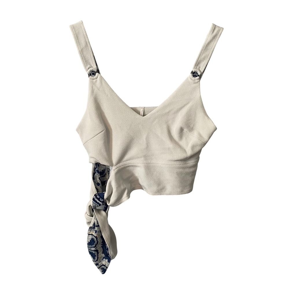 Free People White Festival Side Tie Crop Top V-Neck Paisley‎ Accent Boho Small